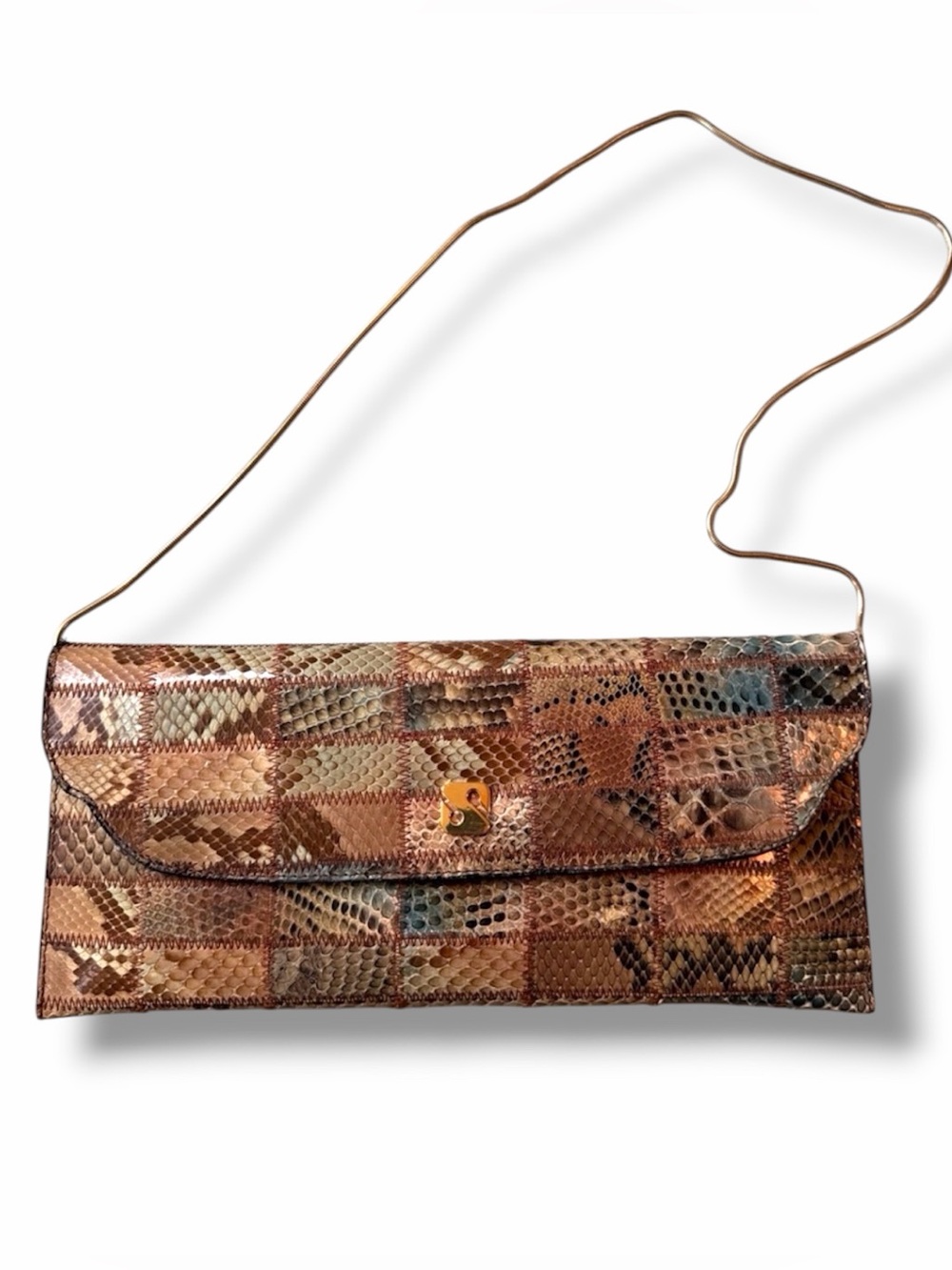 Sanes snakeskin python exotic leather handbag clutch removable gold chain strap